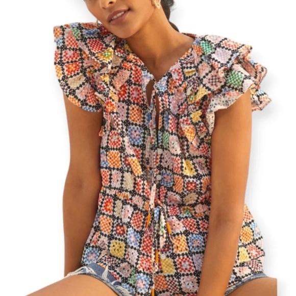 Maeve Tops - Maeve Ruffled Tie Waist Blouse in Colorful Granny-Square Eyelet Print, S